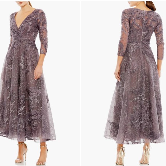 MAC DUGGAL 20336 EMBELLISHED WRAP OVER 3/4 SLEEVE AUBERGINE COCKTAIL DRESS sz 20 - Picture 2 of 5